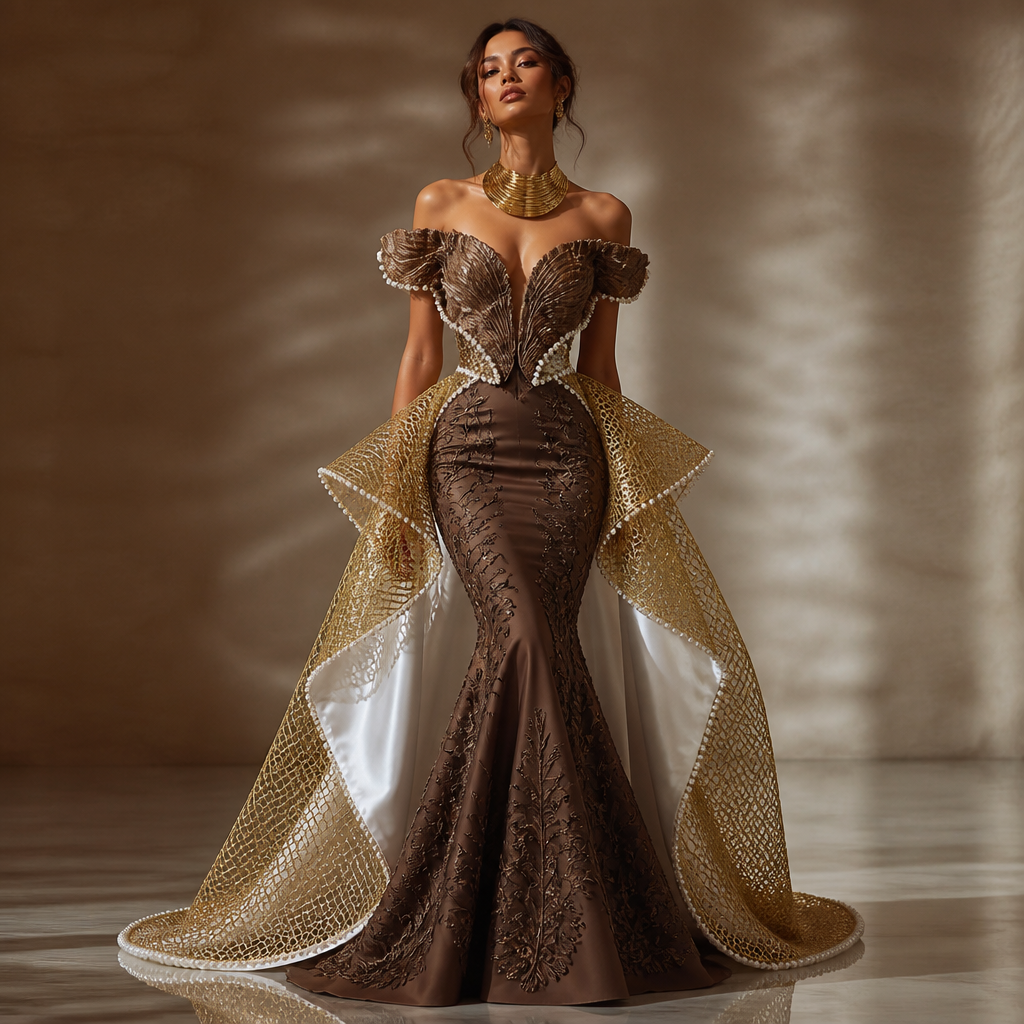Off-the-shoulder, timeless, modest mermaid gown with a piped chocolate-brown oyster bodice extending to mid-thigh and a gold avant-garde train starting at the knees, with a pure white inner lining like the nacre inside a clam. The slip under the dress should be of metallic netting with lines of pearls gracing the bottom of the netting. The model should be wearing a large gold-plated neck adornment alike the cymbal instrument. add brown embroidery on skirt
Off-the-shoulder mermaid gown. Chocolate-brown oyster bodice, mid-thigh. Gold avant-garde train, knee-length. White lining. Metallic netting slip, pearl trim. Gold cymbal neck adornment. Brown embroidery on skirt. Fabric: Oyster, netting. Silhouette: Mermaid. Cut: Off-the-shoulder. Pattern: Embroidered.