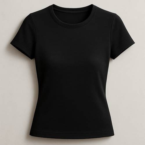 A premium women’s crop black colour , basic crew neck t-shirt, slim fit, ending just below the bust line, made of first-class high-quality cotton fabric with a soft luxurious texture. Short sleeves, minimal and elegant design. Ghost mannequin hollow man style photography, the t-shirt looks 3D as if worn by an invisible model, perfectly shaped and realistic slim fit. Photographed in natural daylight, clean background, ultra-detailed premium cotton fabric texture, hyperrealistic stitches, 3D/4D depth of field close-up, fashion e-commerce product photography aesthetic.
