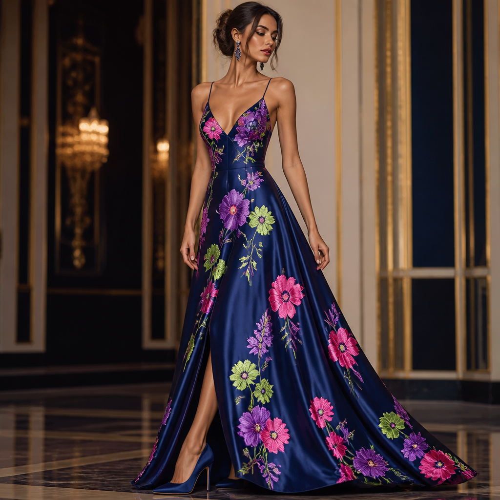 Bright navy long satin silk dress with spaghetti straps hot pink embroidered flowers and neon purple and lime flowers all over dress. Bright navy high heels.
Bright navy long satin silk dress with spaghetti straps hot pink embroidered flowers and neon purple and lime flowers all over dress. Bright navy high heels.