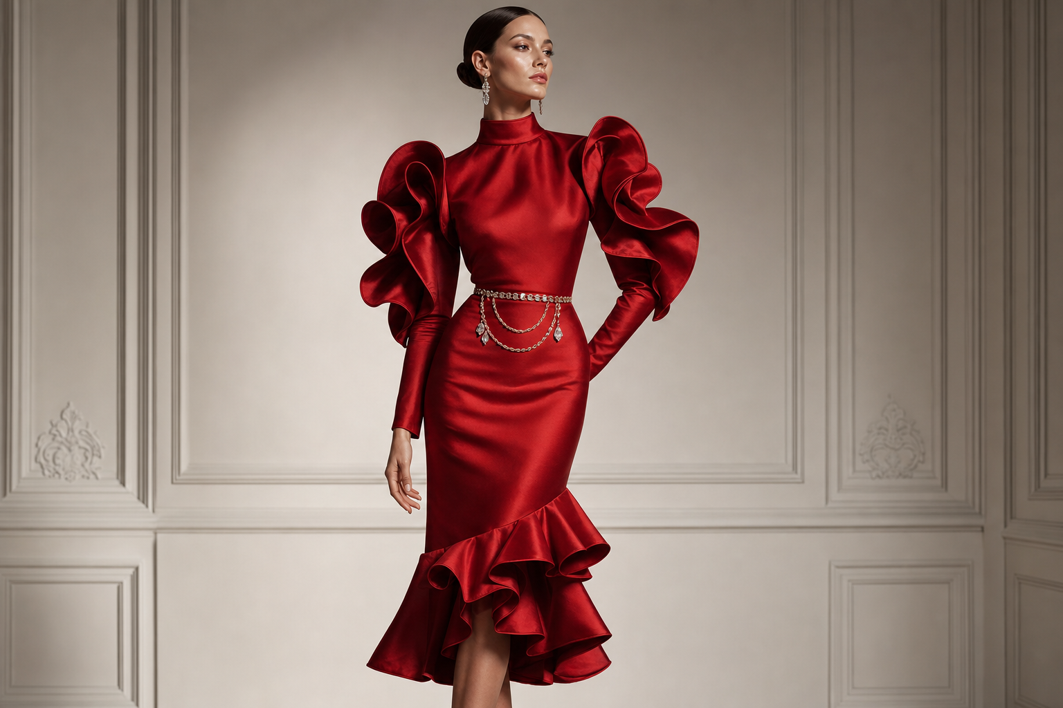 Red midi dress with five red ruffles on sleeve and five red ruffles on bottom of dress. Red dress has a chain belt with channel logo on belt.
Haute Couture fashion design: Red silk midi dress. Sculptural ruffles on sleeves and hem. Fitted silhouette. Chain belt with crystal details. Hand-finished seams.