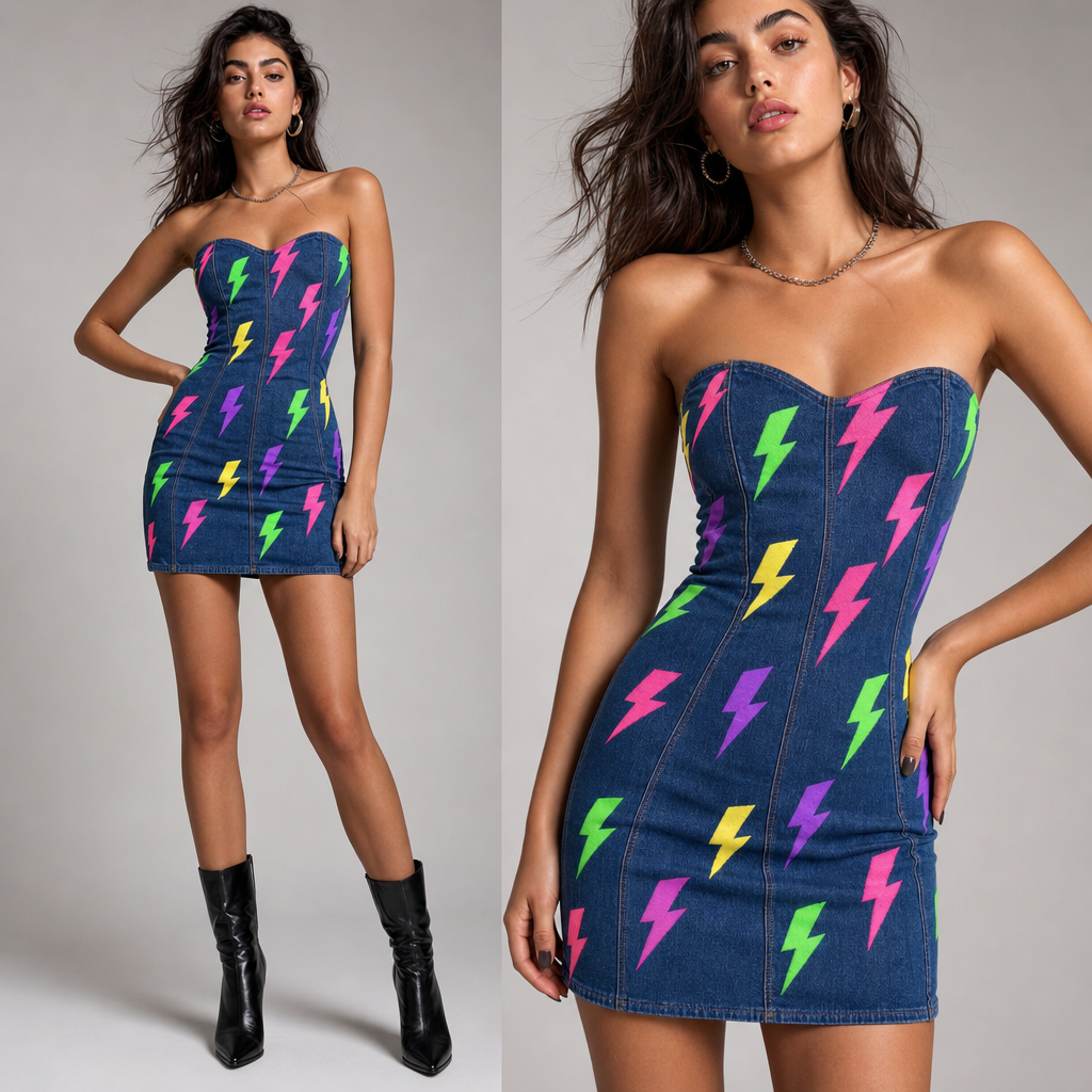 Short dark strapless denim dress with neon lighting bolts scattered all over it. Hot pink neon lighting bolt and neon yellow lighting bolts and neon green lighting bolts and neon purple lighting bolts on denim dress.
Contemporary fashion design: Contemporary mini strapless denim dress. Sculpted silhouette, form-fitting. Allover scattered neon lightning bolt print in hot pink, yellow, green, and purple. Structured yet flexible.