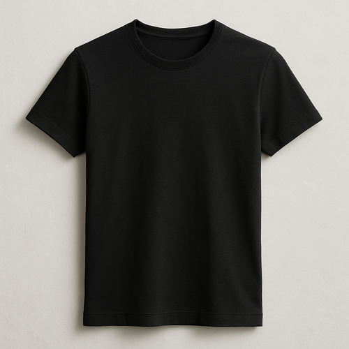 A premium women’s basic  black  colour  crew neck t-shirt, crop slim fit, made of first-class high-quality cotton fabric with a soft luxurious texture, short sleeves, minimal and elegant design. Ghost mannequin hollow man style photography, the t-shirt looks 3D as if worn by an invisible model, perfectly shaped and realistic fit. Photographed in natural daylight, clean background, ultra-detailed premium cotton fabric texture, hyperrealistic stitches, 3D/4D depth of field close-up,  fashion e-commerce product photography aesthetic.
