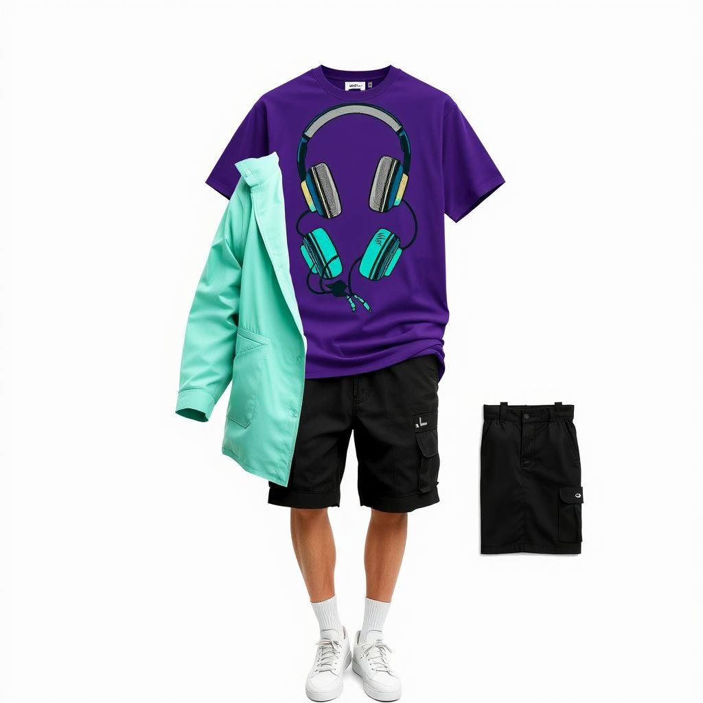 A 176cm, 71kg male is wearing a short-sleeved shirt in grape purple with a graffiti-sprayed headphone pattern in the middle. He is wearing a mint green jacket over it, black short work pants, and white sports shoes and socks as his footwear.
A vibrant ensemble. Grape purple short-sleeved shirt adorned with bold, graffiti-sprayed headphone motifs, an urban touch. Layered mint green jacket exuding a fresh contrast. Tailored black work shorts, functional yet stylish. Crisp white sports shoes, a clean finish, complemented by matching white socks. Effortlessly cool, ready for casual outings or city adventures.