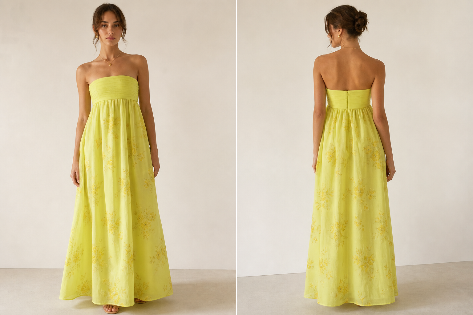 Strapless lime yellow long dress tight on top and long flowing on bottom. Light yellow flowers all over bottom of dress.
Contemporary fashion design: Strapless, empire waist, lime yellow maxi dress. Fitted bodice, flowing skirt. Cotton voile, all-over faded yellow floral print on the skirt. Clean lines, minimalist silhouette.