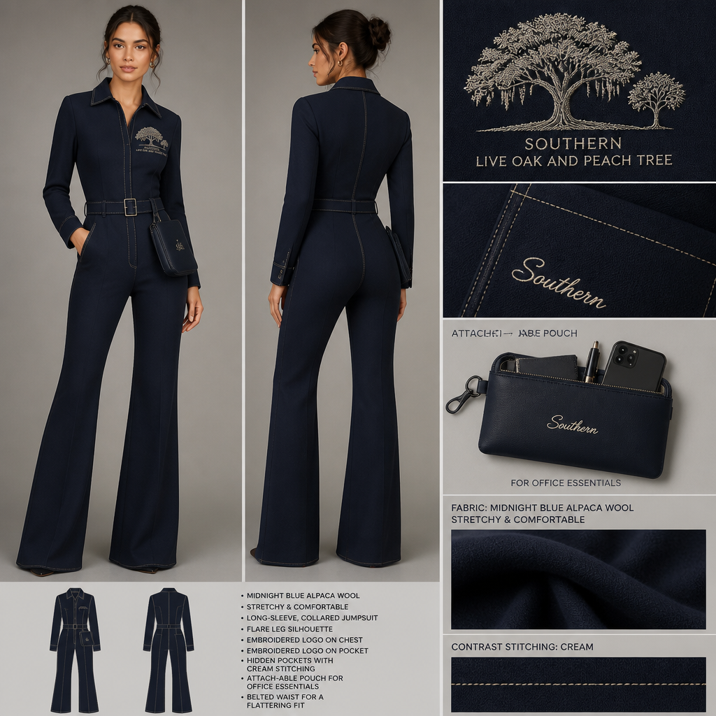 Midnight Blue warm collared, belted, and stretchy long-sleeve timeless elegance professional flare leg non jean jumpsuit made of alpaca wool with silver cursive font embroidered "Georgian Crystal at Blue Ridge Resort" logo pocket with cream stitching, then add hidden midnight blue pockets. Make sure non-sheen pockets have cream stitching. Include an attachable hidden navy blue pouch to hold pens, a small pen pad, front office cordless phone, and front office keys. Large logo should include a cream-stitched only Southern Live Oak Tree with Spanish Moss and Peach Trees with fallen peaches, influenced by the Atlanta skyline on the front chest area only, and The entire front chest logo size should be the size of a circular plate, including the resort name within the circular plate only. Create a design for women in the front office only.
Midnight Blue alpaca wool, stretchy, long-sleeve, collared, belted jumpsuit for women. Flare leg silhouette. Embroidered silver cursive logo on pocket with cream stitching. Large cream-stitched Southern Live Oak and Peach Tree logo on chest. Hidden midnight blue pockets with cream stitching. Attach-able navy pouch for office essentials.