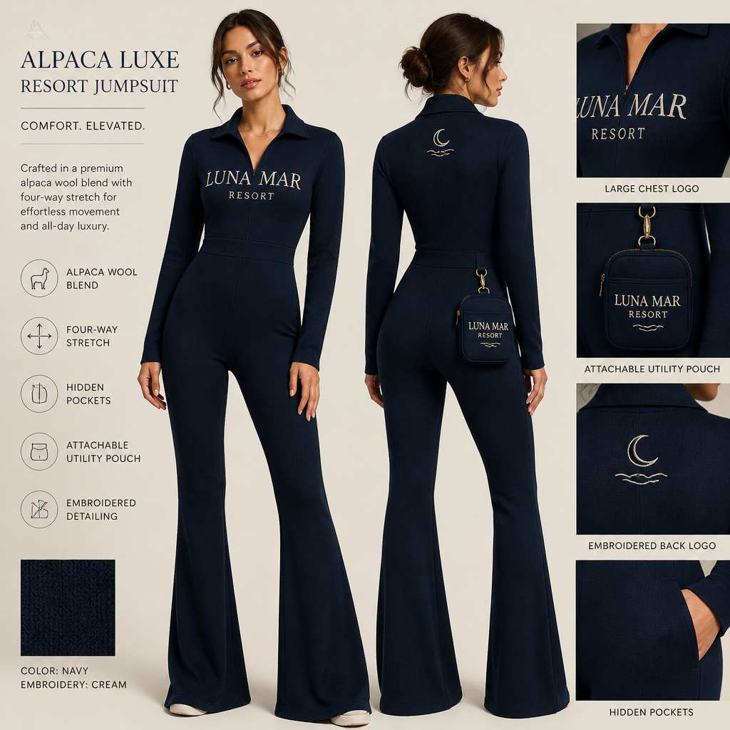 Navy Blue warm collared, belted, and stretchy long-sleeve timeless elegance professional flare leg non jean jumpsuit made of alpaca wool with silver cursive font embroidered "Georgian Crystal at Blue Ridge Resort" logo pocket with cream stitching, then add hidden navy blue pockets. Make sure non-sheen pockets have cream stitching. Include an attachable hidden navy blue pouch to hold pens, a small pen pad, front office cordless phone, and front office keys. Large logo should include a cream-stitched only Southern Live Oak Tree with Spanish Moss and Peach Trees with fallen peaches, influenced by the Atlanta skyline on the front chest area only, and The entire front chest logo size should be the size of a circular plate, including the resort name within the circular plate only. Create a design for women in the front office only.
Navy blue alpaca wool jumpsuit, flare leg, empire waist, collared. Stretchy fabric. Features embroidered resort logo on pocket with cream stitching, and large chest logo. Hidden pockets and attachable utility pouch. For women.