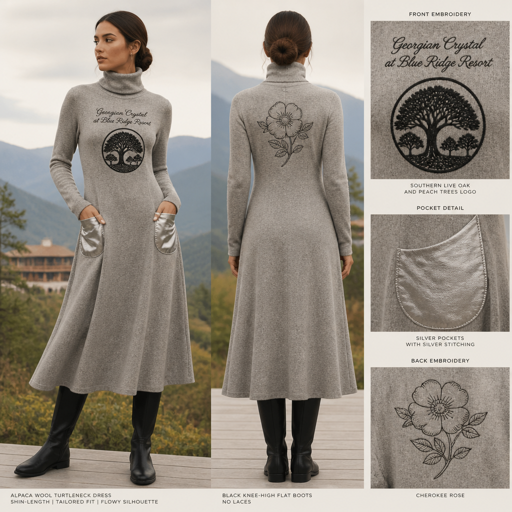Moonlight silver warm turtleneck long-sleeve timeless elegance flowy tailored shin-length dress made of alpaca wool with cursive font embroidered "Georgian Crystal at Blue Ridge Resort" on front logo with black stitching, then add silver pockets. Make sure non-sheen pockets have silver stitching. Include an attachable hidden silver pouch to hold pens, a small pen pad, front office cordless phone, and front office keys. Large logo should include a black-stitched only Southern Live Oak Tree with Spanish Moss and Peach Trees with fallen peaches, influenced by the Atlanta skyline on the front chest area only, and The entire front chest logo size should be the size of a circular plate. Create a design for women in the front office only. Include black knee-high professional snow-grade flat boots for front office team members who may need to visit the outside grounds of the resort in the snow. No laces on boots. Add a Cherokee Rose on the back of the dress
Alpaca wool turtleneck dress, shin-length, tailored fit, flowy silhouette. Embroidered "Georgian Crystal at Blue Ridge Resort" in cursive on front chest. Large circular Southern Live Oak and Peach Trees logo, black stitching, front chest. Silver pockets with silver stitching. Black knee-high flat boots, no laces. Cherokee Rose on back.