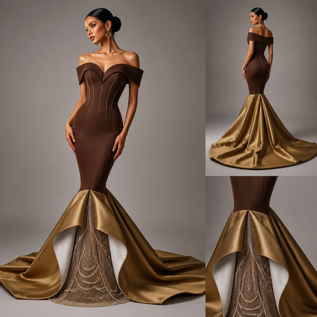 Off-the-shoulder, timeless mermaid gown with a piped chocolate-brown oyster bodice extending to mid-thigh and a gold avant-garde train starting at the knees, with a pure white inner lining like the nacre inside a clam. The slip under the dress should be of metallic netting with lines of pearls gracing the bottom of the netting.
Off-the-shoulder mermaid gown. Piped chocolate-brown oyster bodice to mid-thigh. Gold avant-garde train from knees. Pure white inner lining. Metallic netting slip with pearl lines at bottom. Fitted silhouette, dramatic cut. Solid colors.