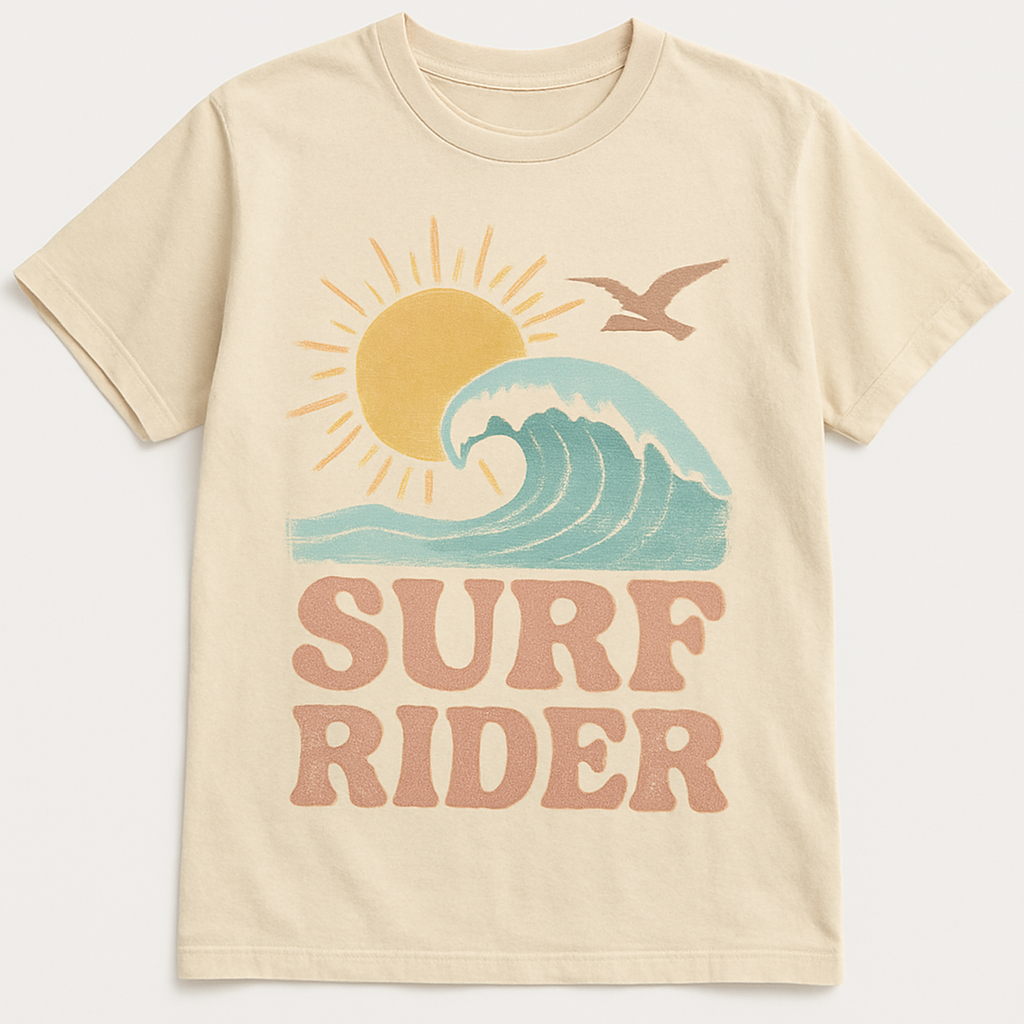 Create a variety of streetwear-style t-shirt and hoodie graphics and logos, featuring bold, trendy designs inspired by California surf and urban lifestyle. Include abstract patterns, oversized typography, retro logos, subtle animal motifs like seagulls, waves, sunsets, skaters, or cars. Designs should be youthful, casual, and edgy, suitable for screen printing on apparel. Use muted pastels, washed denim blues, and earth tones, with clean lines and modern style. Vector-ready, high-detail, wearable streetwear aesthetic

Vintage fashion design: Vintage graphic tee, 1970s surf style. Relaxed fit, soft cotton, faded pastel colors. Sun, wave, and seagull motifs. Retro typography.