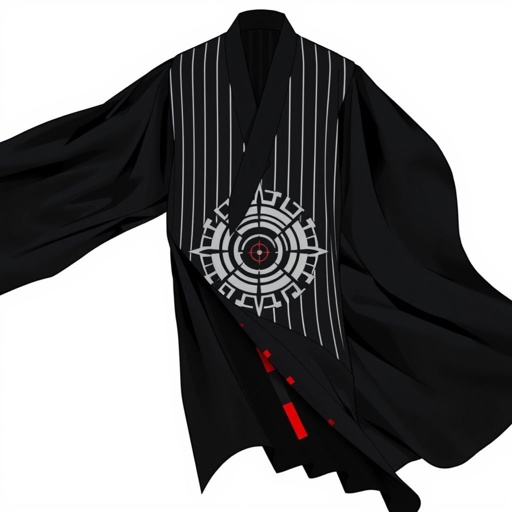 Design a men's kimono with a futuristic, minimalist aesthetic. Incorporate vertical lines and subtle red accents for contrast, creating a sleek, modern look. The kimono should have a shamanic, futuristic vibe, blending geometric shapes and spiritual symbolism. The base color should be black, with the red accents adding a sophisticated touch of color and depth. The design should evoke both tradition and innovation, combining ancient spiritual elements with a cutting-edge, technological feel."


