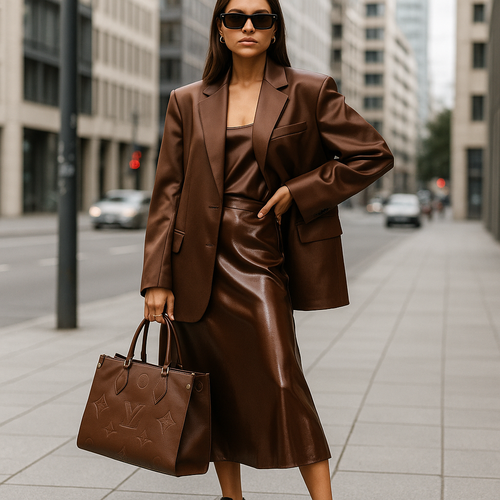 Full-body fashion photo of a stylish female model in a modern urban setting. She wears a silky coffee brown satin midi skirt with a matching tailored coffee brown oversized blazer. The model also wears trendy sunglasses and carries a large coffee brown designer handbag in her hand. The styling is elegant, powerful, and cool, designed as a total look outfit. The model’s pose is confident and chic, like a fashion influencer. Show the entire model from head to toe, do not crop. Highlight the harmony of the brown blazer and satin skirt, the glossy silky fabric, and the oversized statement handbag. Natural daylight, city background, luxury street style photography.