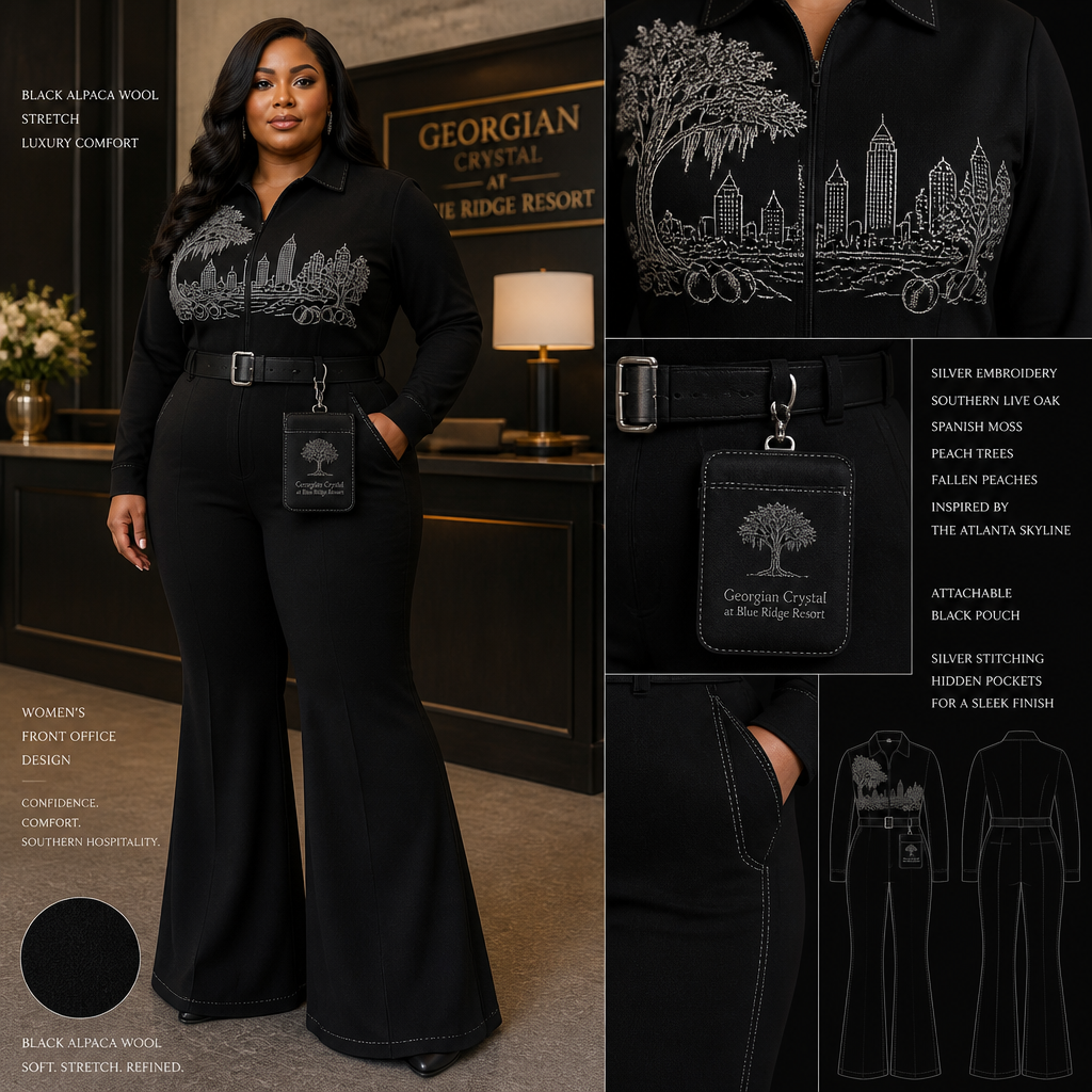 Black warm collared, belted, and stretchy long-sleeve timeless elegance professional flare leg jumpsuit made of alpaca wool with silver cursive font embroidered "Georgian Crystal at Blue Ridge Resort" logo pocket with silver stitching, then add hidden black pockets. Make sure non-sheen pockets have silver stitching. Include an attachable hidden black pouch to hold pens, a small pen pad, front office cordless phone, and front office keys. Large logo should include a silver-stitched only Southern Live Oak Tree with Spanish Moss and Peach Trees with fallen peaches, influenced by the Atlanta skyline on the front chest area only, and The entire front chest logo size should be the size of a circular plate, including the resort name within the circular plate only. Create a design for women in the front office only. Show this design on a plus-size woman model. Remove embroidery from everywhere EXCEPT chest area, pocket, and belt
Black alpaca wool jumpsuit, flare leg. Collared, belted, stretchy. Silver embroidery "Georgian Crystal at Blue Ridge Resort" on pocket with silver stitching. Hidden black pockets with silver stitching. Attachabe black pouch. Silhouetted Southern Live Oak, Spanish Moss, and Peach Trees with fallen peaches, influenced by the Atlanta skyline on chest. Women's front office design. Plus-size model.