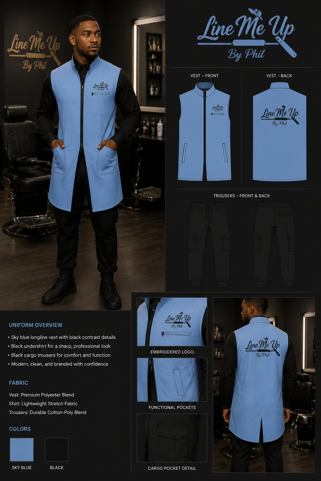 barber shop uniform with sky blue longline vest with and black cargo trousers and black undershirt. Include logo: Line Me Up By Phil
barber shop uniform with sky blue longline vest with and black cargo trousers and black undershirt. Include logo: Line Me Up By Phil