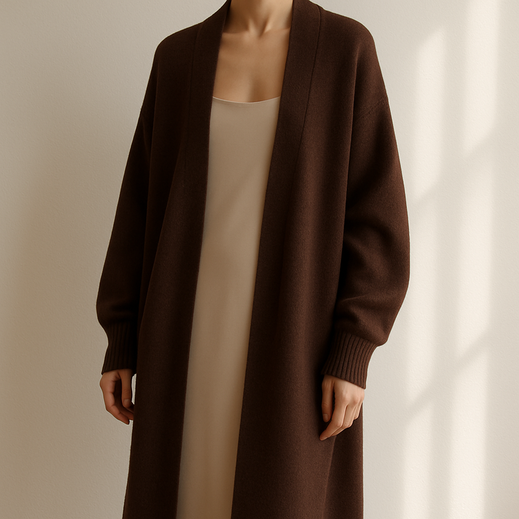 A luxury oversized knitted long cardigan in rich chocolate brown, thick soft wool texture, cozy and elegant drape, styled with a minimal chic slip dress, high-fashion editorial look, photographed in natural daylight, cinematic shadows, luxury brand campaign aesthetic


Classic fashion design: A long, oversized cardigan, chocolate brown wool knit, elegant drape. Worn over a minimal slip dress. Classic, chic, photographed in natural light.
