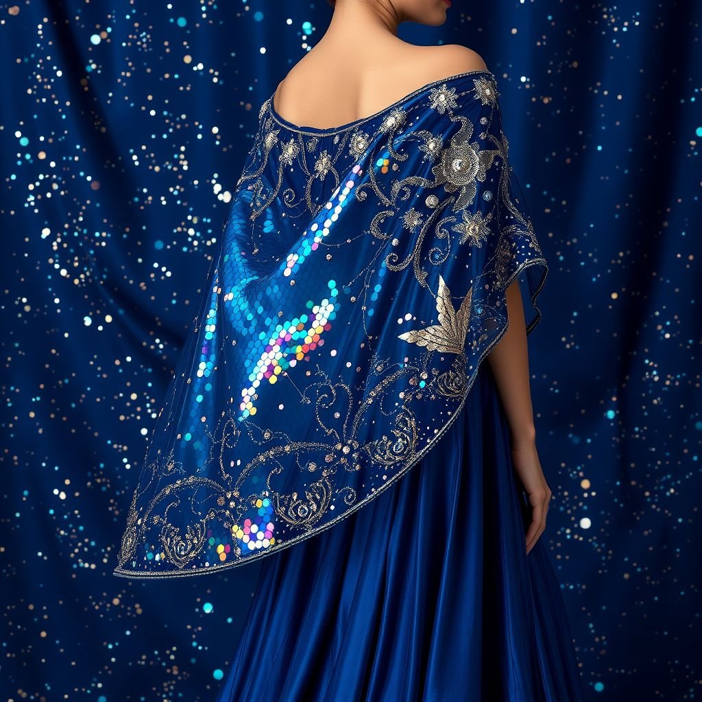 Sequins, Beads, or Metallic Thread – to mimic stars or shimmering moonlight.

Lush, midnight-blue fabric adorned with cascading holographic sequins, reflecting vibrant colors like a starlit sky. Intricate beadwork in silver and gold mimicking constellations, delicate metallic threads forming swirling patterns. Ethereal cape flowing with shimmering luminescence, dramatic silhouette. Elegant floor-length gown, off-shoulder design, exuding celestial glamour and enchanting allure.