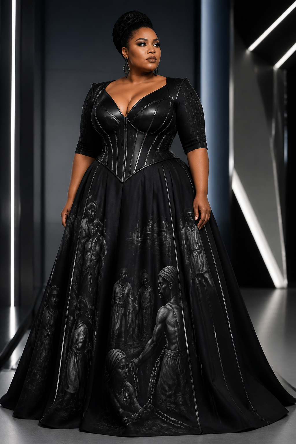 An A-line dress with a v-neck and sleeves to the elbow. Fitted corset and flowy a-line skirting with slavery images on the skirting area.
The dress should be black and floor length on a plus size model
An A-line dress with a v-neck and sleeves to the elbow. Fitted corset and flowy a-line skirting with slavery images on the skirting area.
The dress should be black and floor length on a plus size model
, futuristic style