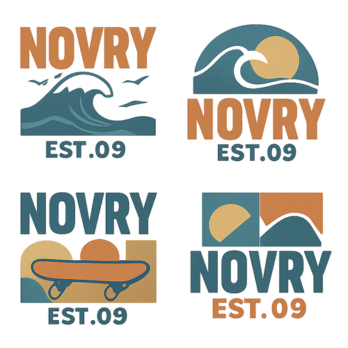 Create a variety of streetwear-style t-shirt and hoodie graphics and logos, featuring bold, trendy designs inspired by California surf vibes and urban lifestyle. Include abstract patterns, oversized typography, retro logos, subtle animal motifs like seagulls, waves, sunsets, skaters, or cars. Designs should be youthful, casual, and edgy, suitable for screen printing on apparel. Use muted pastels, washed denim blues, and earth tones, with clean lines and modern style. Vector-ready, high-detail, wearable streetwear aesthetic logos, including novry est.09