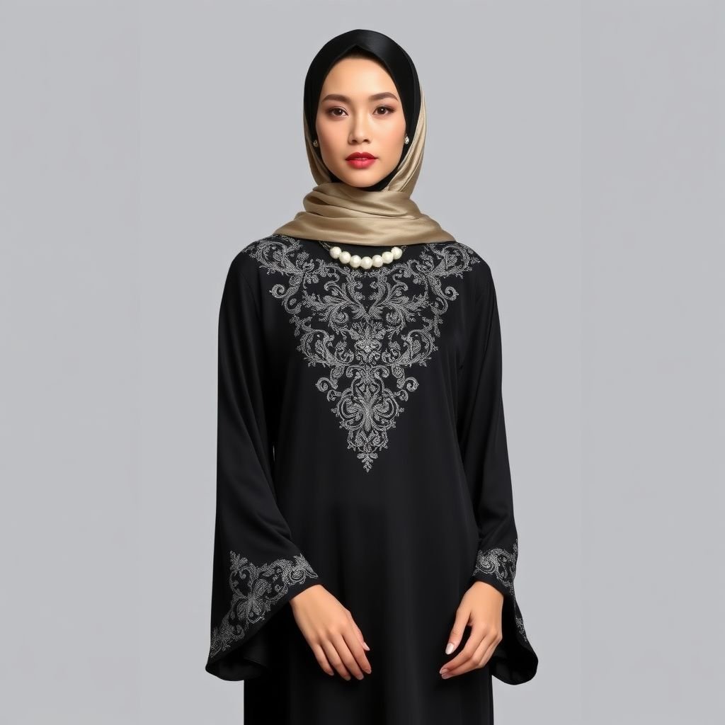 Black saudi Women's Abaya Design

Elegant black abaya adorned with intricate silver embroidery, cascading sleeves flowing gracefully to the wrists. Rich satin fabric drapes softly, creating a sleek silhouette. Delicate pearl accents at the neckline add sophistication. A contrasting silk scarf delicately frames the face, enhancing an aura of refined modesty and timeless elegance. Perfect for formal occasions.