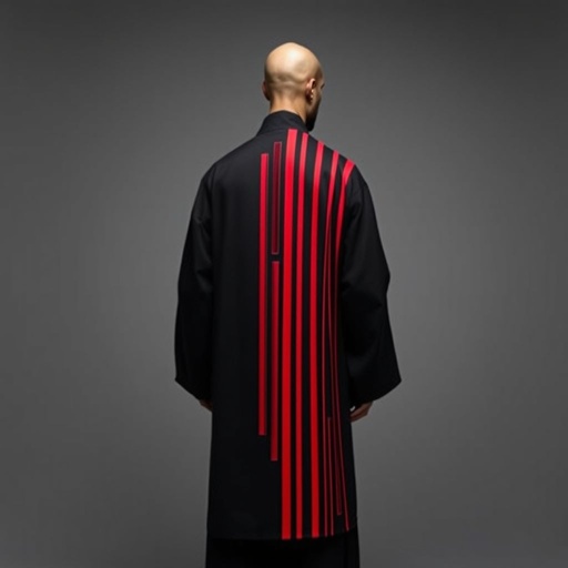 Design a men's kimono with a futuristic, minimalist aesthetic. On one side of the kimono, feature vertical lines in varying widths and lengths, randomly placed in red, creating a dynamic and fluid pattern. The other side should remain clean and simple, maintaining a sleek, modern silhouette. The base color should be black, with the red lines adding contrast and energy to one side. The overall design should combine a modern, shamanic feel, blending tradition with innovation, and evoke both spiritual and futuristic elements."