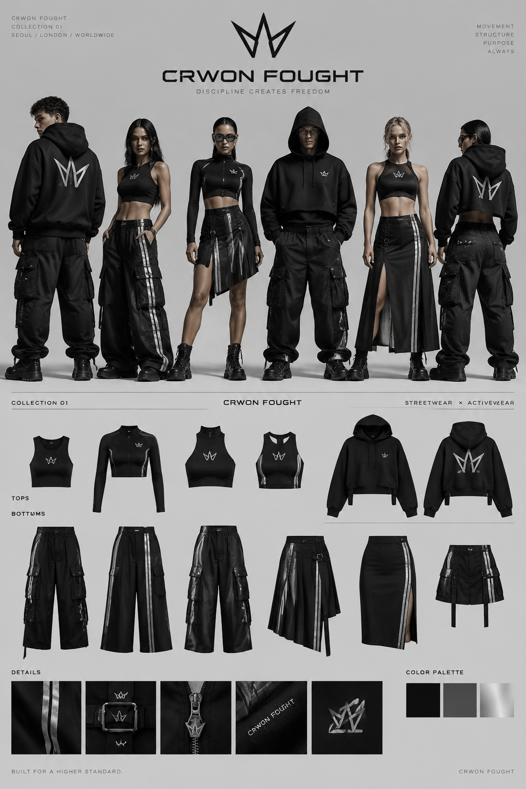 create a collection for my shop "CRWON FOUGHT". all the garments must be inspired by image logo and its aesthetics and color Platte, black and white. The collection should have 1. "streetwear mixed with activewear,high/slightly wasted cargos, top and skirts with metallic stripes, heavyweight cotton/nylon." "2.cropped bottom heavyweight hoddies in streetwear style." "the results should look professional collection
create a collection for my shop "CRWON FOUGHT". all the garments must be inspired by image logo and its aesthetics and color Platte, black and white. The collection should have 1. "streetwear mixed with activewear,high/slightly wasted cargos, top and skirts with metallic stripes, heavyweight cotton/nylon." "2.cropped bottom heavyweight hoddies in streetwear style." "the results should look professional collection
