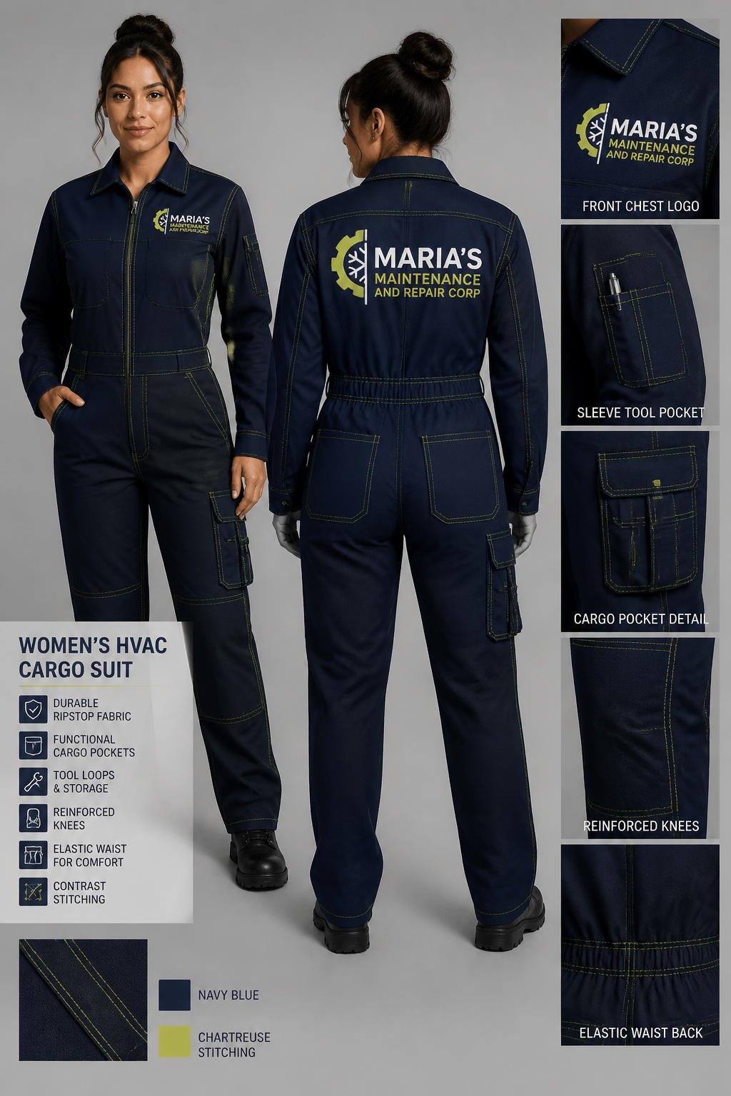 Women's navy blue colored HVAC cargo suit with company logo extra chartreuse stitching: Maria's Maintenance and Repair Corp
Women's navy blue colored HVAC cargo suit with company logo extra chartreuse stitching: Maria's Maintenance and Repair Corp
