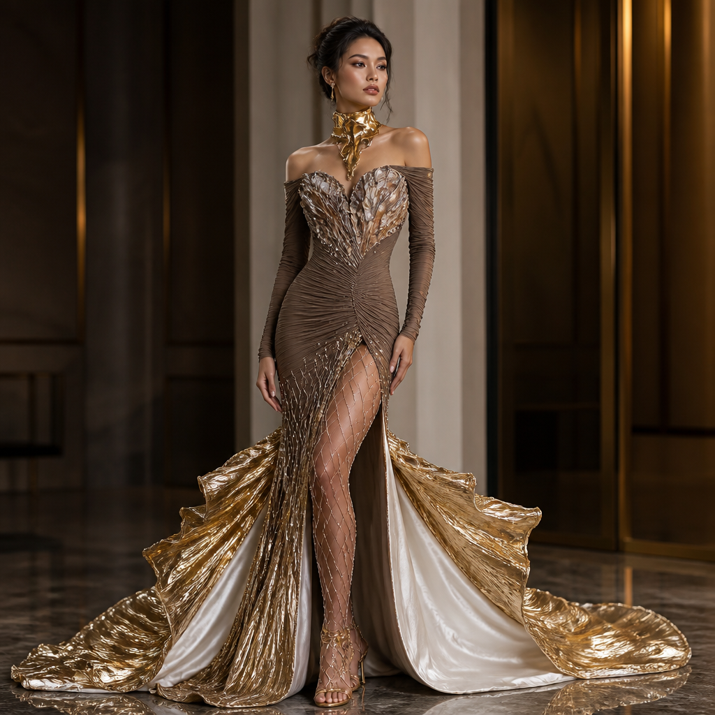 Off-the-shoulder, long-sleeve, timeless, modest mermaid gown with a piped chocolate-brown oyster bodice extending to mid-thigh and a gold avant-garde train starting at the knees, with a pure white inner lining like the nacre inside a clam. The slip under the dress should be of metallic netting with lines of pearls gracing the bottom of the netting. The model should be wearing a large gold-plated neck adornment alike the cymbal instrument.
Off-the-shoulder, long-sleeve, mermaid gown. Brown oyster bodice, mid-thigh. Gold avant-garde train, knee-length. White inner lining. Metallic netting slip, pearl lines. Gold-plated neck adornment.