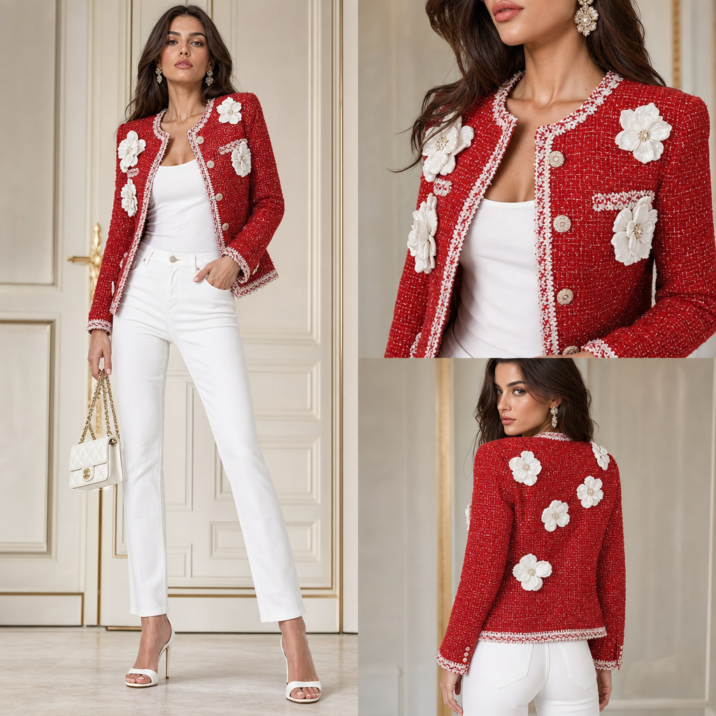 Red tweed long sleeve jacket with white 3-d flowers on jacket. White tank top and white Jean with white heel.
Red tweed long sleeve jacket with white 3-d flowers on jacket. White tank top and white Jean with white heel., luxury style