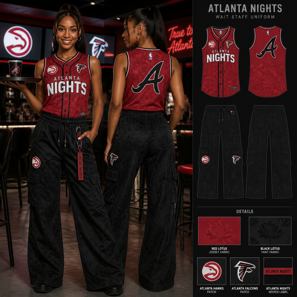 womens wait staff uniform with red sleeveless baseball jersey with company name ATLANTA NIGHTS with atlanta hawks and atlanta Falcons patches with black baggy scrunch waist bootcut cargo pants all made of lotus fabric. Remove all flowers on the pants and shirt
**Women's wait staff uniform:** Red lotus fabric sleeveless baseball jersey with ATLANTA NIGHTS, Atlanta Hawks, and Atlanta Falcons patches. Black lotus fabric baggy, scrunch-waist, bootcut cargo pants.