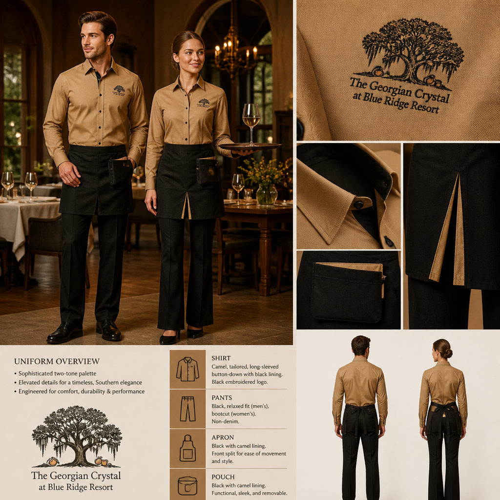 Create a uniform for wait staff that is camel colored, tailored, relaxed fit, made of alpaca wool, stain-resistant, and water-resistant. Include pants and apron. Button-down shirt should be camel colored with black lining; pants should be black, and the apron and pouch should be black. The black apron and black pouch should have camel lining. The black apron needs to have a small front-facing camel-lined split. Women's pants should be bootcut, non-jean. Women's shirts should be long-sleeved and tailored fit with black embroidered letters that state The Georgian Crystal at Blue Ridge Resort and include a Southern Live Oak Tree with Spanish Moss and Peach Trees with fallen peaches
**Enhanced Prompt:**
Design a waitstaff uniform.
**Fabric:** Alpaca wool blend (stain & water-resistant)
**Color:** Camel, Black
**Garments:**
* **Shirt:** Camel, tailored, long-sleeved button-down, black lining. Features black embroidered logo: "The Georgian Crystal at Blue Ridge Resort" with a Southern Live Oak Tree with Spanish Moss and Peach Trees with fallen peaches.
* **Pants:** Black, relaxed fit (men's), bootcut (women's, non-denim).
* **Apron & Pouch:** Black, camel lining. The apron has a small, front camel-lined split.