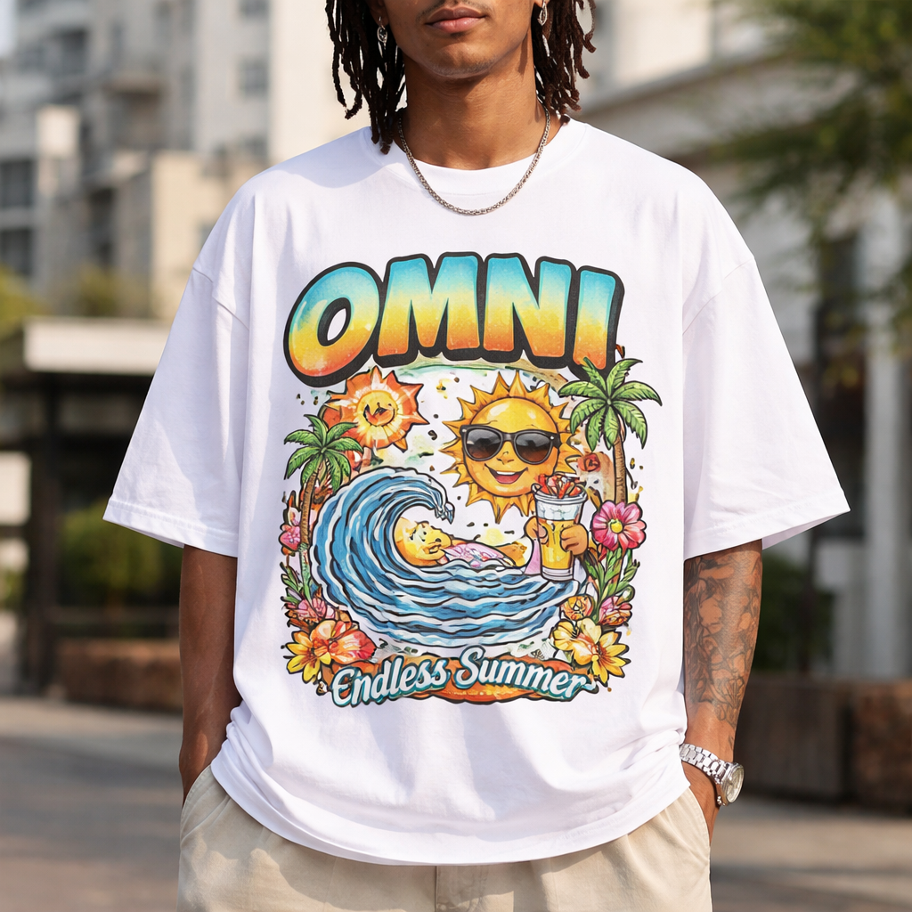 The name of my brand is Omni, it create a cool t shirt for the summer
Streetwear fashion design: Design a summer t-shirt for Omni. Focus on an oversized fit in breathable cotton. Use a bold, graphic print featuring a mix of bright and muted colors.