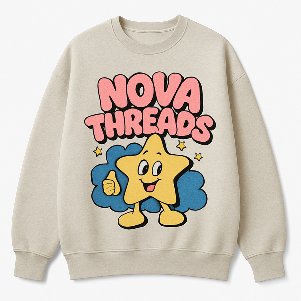 i want a sweater that says Nova Threads with cartoon design with bubble letters
I want a cotton, crewneck, oversized sweater that says Nova Threads in bubble letters with a cartoon design.