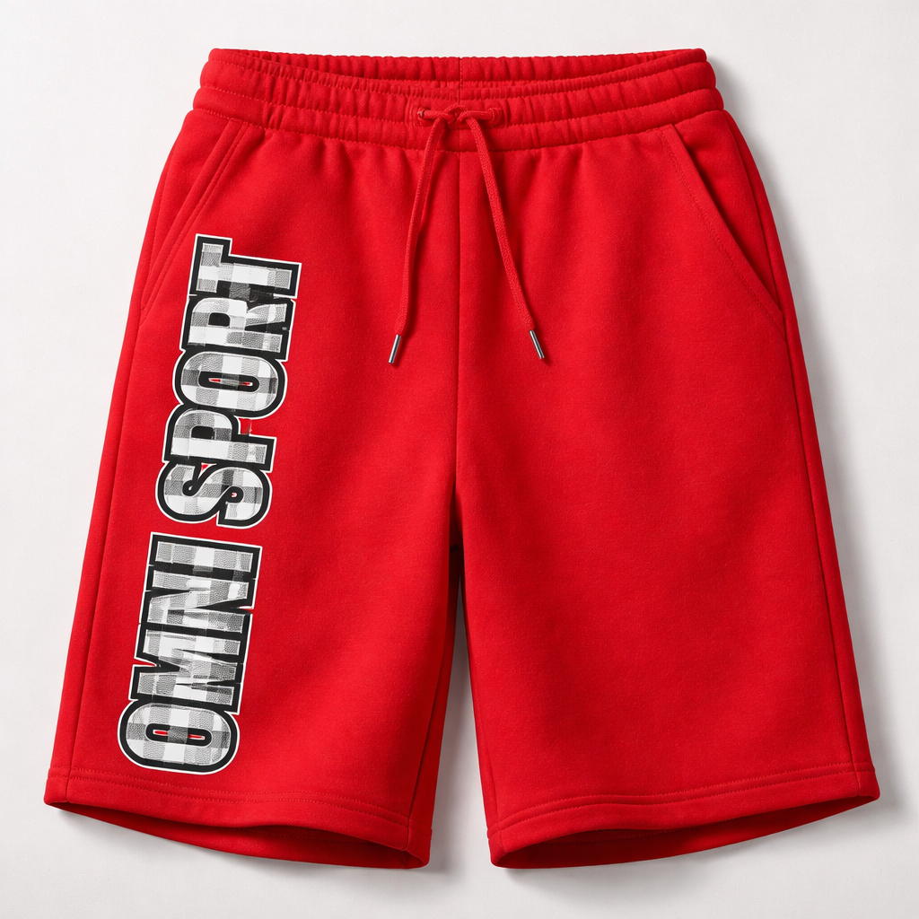 The name of my brand is Omni Sport, it create a pair
Of sweat shorts that are red with the words Omni sport going up the side of the legs outlined in a plaid print
Streetwear fashion design: Brand: Omni Sport. Item: Sweat shorts. Color: Red. Material: Cotton. Fit: Relaxed. Details: "Omni Sport" logo vertical on leg, outlined in black and white plaid.