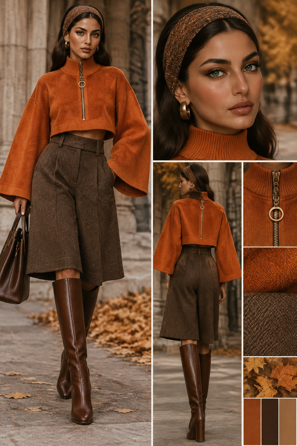 Create wide bell cropped orange pullover with 2 zipper from front and back with wide wool Bermuda with boots choose autumn catchy colors brown with matching head band Egyptian features model with green eyes
Create wide bell cropped orange pullover with 2 zipper from front and back with wide wool Bermuda with boots choose autumn catchy colors brown with matching head band Egyptian features model with green eyes
