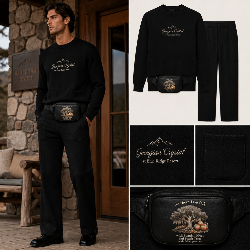 All Black warm long-sleeve alpaca wool sweater suit with "Georgian Crystal at Blue Ridge Resort" embroidered front logo with Ivory stitching, then add black pockets. Make sure pockets have black stitching. Include an attachable black sleek fanny pack to hold pens, a small pen pad, front office cordless phone, and front office keys. logo with Southern Live Oak Tree With Spanish Moss and Peach Trees with fallen peaches gracing like the Atlanta skyline. Please create design for men only.
Men's black alpaca wool sweater suit. Structured silhouette with straight-leg trousers. Long-sleeve sweater, crew neck. Embroidered front logo: "Georgian Crystal at Blue Ridge Resort" with ivory stitching. Patch pockets with black stitching. Attach sleek black fanny pack. Fanny pack logo: Southern Live Oak with Spanish Moss and Peach Trees with fallen peaches.