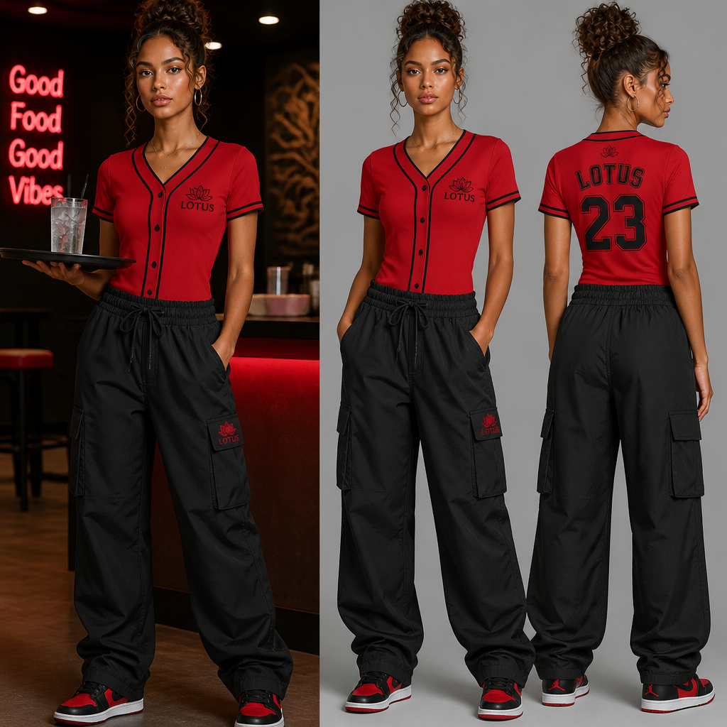 Womens streetwear wait staff uniform made of red form fitting baseball jersey shirt and black scrunch waist baggy cargo pants all made of lotus fabric
Women's streetwear wait staff uniform: Red, form-fitting, short-sleeve baseball jersey shirt in lotus fabric; black, baggy, scrunch-waist cargo pants in lotus fabric.