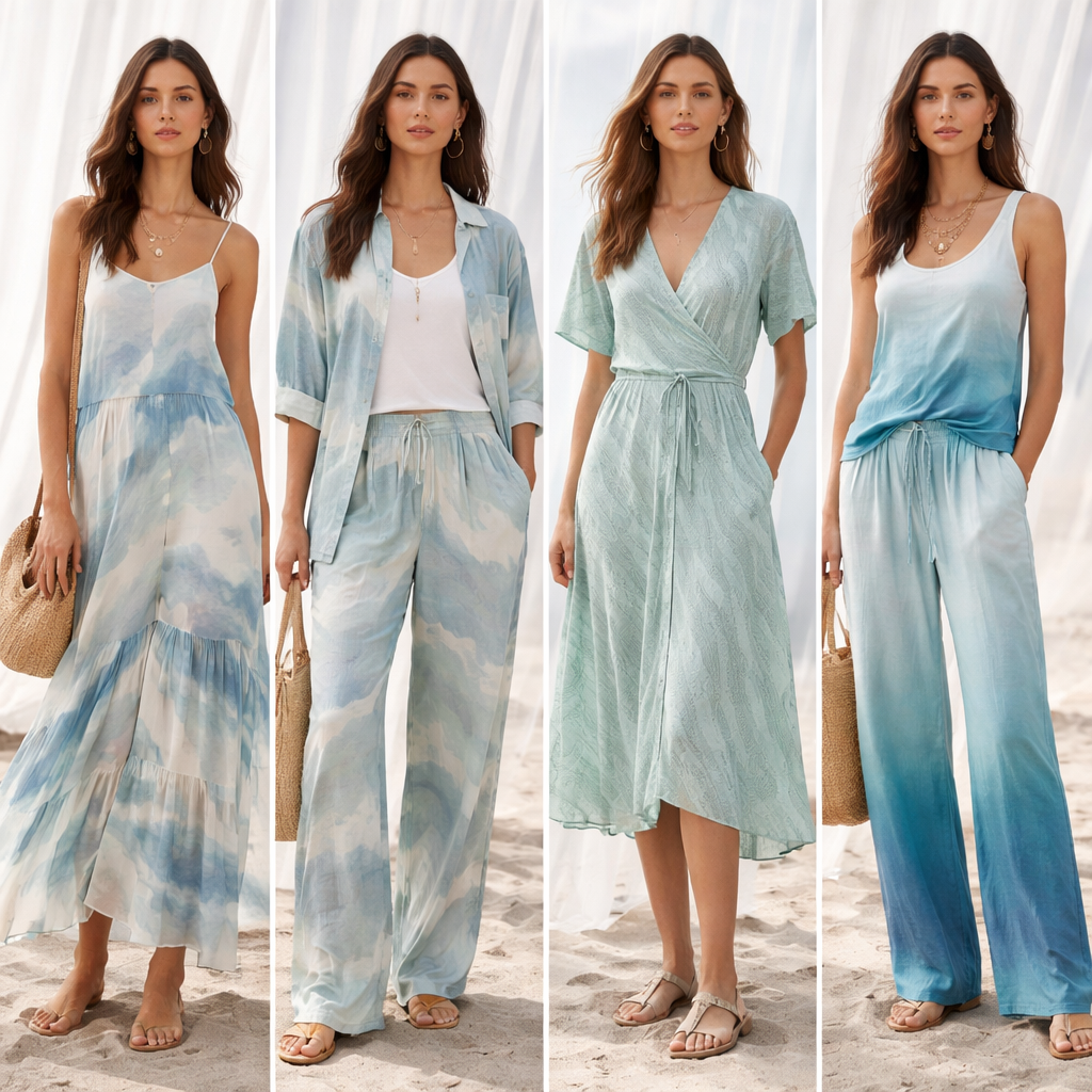 Colección inspirada en la levedad y peso de las olas, con elementos de alta costura y casual wear de materiales (eterno retorno)
Casual fashion design: **Enhanced Prompt:**
Casual collection with flowing silhouettes, inspired by soft waves. Features cotton and linen fabrics, comfortable fits, and abstract ocean-like patterns in blues and greens. Simple, understated details for everyday wear.