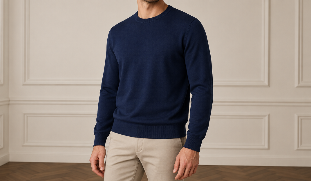On-model photoshoot (studio)
Show the garment from the image worn by a professional fashion model standing in a professional photo studio with a clean seamless background and soft editorial lighting. Reproduce the garment's exact design, color, fabric and details faithfully. Full-body shot, photorealistic, no text. Additional instructions: Premium men's fashion e-commerce product photography of a viscose knit jumper, matching the established reference composition, pose, body rotation, camera angle, proportions and premium studio aesthetic.
COMPOSITION:
Upper-body men's fashion catalogue photograph.
Show the male model from approximately the LOWER CHIN / NECK AREA down to the UPPER THIGHS.
The FACE must remain completely outside the frame.
No eyes.
No nose.
No full face visible.
Only a small portion of the lower chin and neck may be visible at the very top of the frame.
The complete jumper must be clearly visible:
neckline,
shoulders,
chest,
sleeves,
cuffs,
waist,
and bottom hem.
The jumper must occupy the majority of the image and remain the dominant visual focus.
POSE — ABSOLUTELY CRITICAL:
Use the same established premium catalogue pose.
The model stands with a subtle natural THREE-QUARTER body rotation.
The body must NOT be completely front-facing.
The LEFT SHOULDER is positioned FORWARD and slightly CLOSER TO THE CAMERA.
The RIGHT SHOULDER is positioned slightly FARTHER BACK.
The LEFT SIDE of the torso is therefore slightly closer to the camera.
The rotation must remain subtle, approximately 10–20 degrees.
Do NOT mirror the pose.
Do NOT place the right shoulder forward.
Do NOT make the shoulders symmetrical and frontal.
Do NOT create a strong side profile.
LEFT SHOULDER FORWARD is mandatory.
ARMS AND HANDS:
Both arms hang naturally and STRAIGHT DOWN alongside the body.
Both hands remain naturally positioned beside the outer upper thighs.
Hands are relaxed.
Fingers are naturally relaxed.
No hands in pockets.
No crossed arms.
No bent or raised arms.
No touching the jumper.
No pulling the hem.
No adjusting the sleeves.
No touching the collar.
No fashion gestures.
The pose must look calm, masculine, sophisticated and effortless.
JUMPER — ABSOLUTE PRODUCT PRESERVATION:
Use the EXACT viscose jumper from the supplied source image.
Preserve the exact:
design,
color,
shade,
silhouette,
fit,
proportions,
length,
shoulder width,
chest width,
sleeve length,
sleeve width,
neckline,
collar construction,
cuffs,
bottom hem,
ribbing if present,
knit structure,
stitching,
seams,
logos or details if originally present,
and all original construction details.
Do NOT redesign the jumper.
Do NOT change its color.
Do NOT change its original fit.
Do NOT make it tighter.
Do NOT make it oversized.
Do NOT shorten or lengthen it.
Do NOT change the neckline.
Do NOT change the sleeves.
Do NOT add details that are not present in the source image.
The generated jumper must look like the EXACT SAME physical product as in the source photograph.
VISCOSE FABRIC — CRITICAL:
The jumper is made from premium VISCOSE knit fabric.
The material must clearly retain the characteristic appearance and behavior of high-quality viscose.
The fabric should look:
smooth,
soft,
fine,
refined,
fluid,
supple,
elegant,
and premium.
Viscose must have a naturally smooth surface with a very subtle refined luster.
The sheen must be extremely delicate and realistic.
NEVER make the fabric excessively shiny.
NEVER make it look glossy.
NEVER make it look like satin, silk, polyester or synthetic plastic.
The viscose knit must have a soft, fluid and elegant drape.
The fabric should fall naturally over the torso rather than appearing stiff or rigid.
Show realistic gentle folds around the waist, sides, elbows and sleeves.
The folds should be soft and controlled, reflecting the natural fluidity of viscose.
The jumper should maintain a clean silhouette while still showing the characteristic soft drape of viscose.
Preserve the original knit density and texture from the source product.
Do NOT make the knit chunky unless the source product is actually chunky.
Do NOT make the fabric excessively thin or transparent.
No transparency.
No artificial gloss.
No wet-look effect.
No plastic texture.
FIT:
Preserve the EXACT original fit of the source jumper.
The shoulder line must follow the original product.
The chest must fall naturally without artificial tightness.
The sleeves must preserve their exact original length and width.
The waist and bottom hem must preserve their original shape and proportions.
Do NOT artificially tuck the jumper into the trousers.
The jumper should fall naturally over the waistband unless the original source image specifically shows otherwise.
TROUSERS:
Use clean premium trousers or jeans that naturally complement the specific color and style of the jumper.
Only the upper portion of the trousers should be visible at the bottom of the frame.
Choose a harmonious neutral color appropriate for the specific jumper.
The trousers must remain visually secondary.
They must NOT distract attention from the jumper.
CAMERA AND FRAMING:
Premium upper-body product catalogue composition matching the established reference.
Crop from approximately the LOWER CHIN / NECK AREA down to the UPPER THIGHS.
NO FACE VISIBLE.
Both shoulders must be completely visible.
Both sleeves must be completely visible.
Both hands must be visible.
The entire jumper from neckline to bottom hem must be visible.
Do not crop the shoulders.
Do not crop the sleeves or cuffs.
Do not crop the bottom hem.
Leave comfortable and balanced negative space around the garment.
Camera positioned approximately at CHEST LEVEL.
Natural premium catalogue perspective.
No wide-angle distortion.
No dramatic perspective.
No exaggerated shoulders.
No distorted arms or hands.
STUDIO — MATCH THE ESTABLISHED REFERENCE:
Elegant premium minimalist indoor studio.
Warm light greige / off-white walls.
Classic subtle rectangular decorative wall moulding.
Dark warm brown wooden parquet floor with a refined herringbone pattern where visible.
Soft diffused natural-looking studio lighting.
The lighting must gently reveal the smooth viscose texture, fine knit structure and natural drape of the jumper.
Use subtle directional light to create delicate depth in the fabric without excessive reflections.
Very subtle realistic shadows.
Neutral warm color temperature.
No furniture.
No decorations.
No props.
No plants.
No visible studio equipment.
The studio must feel elegant, quiet, sophisticated and expensive.
IMAGE STYLE:
Ultra-photorealistic.
Premium European menswear e-commerce photography.
Natural male anatomy.
Realistic skin texture.
Highly realistic viscose knit texture.
Accurate knit structure.
Accurate fabric drape.
Natural soft folds.
Soft controlled lighting.
Clean premium catalogue aesthetic.
Understated luxury.
No excessive retouching.
No cinematic effects.
No dramatic lighting.
No artificial fabric shine.
STRICT REFERENCE RULES:
VISCOSE JUMPER IS THE MAIN PRODUCT.
PRESERVE THE EXACT ORIGINAL JUMPER.
PRESERVE EXACT COLOR, FIT, PROPORTIONS, KNIT STRUCTURE AND CONSTRUCTION.
REALISTIC PREMIUM VISCOSE TEXTURE.
SMOOTH AND SOFT SURFACE.
FLUID NATURAL DRAPE.
SUBTLE NATURAL LUSTER ONLY.
NEVER GLOSSY.
NEVER SYNTHETIC-LOOKING.
NEVER STIFF.
LEFT SHOULDER FORWARD AND CLOSER TO CAMERA.
RIGHT SHOULDER SLIGHTLY BACK.
LEFT SIDE OF TORSO CLOSER TO CAMERA.
SUBTLE THREE-QUARTER BODY ROTATION.
NEVER MIRROR THE POSE.
NEVER PUT THE RIGHT SHOULDER FORWARD.
NEVER MAKE THE MODEL COMPLETELY FRONT-FACING.
BOTH ARMS STRAIGHT DOWN.
BOTH HANDS RELAXED BESIDE THE THIGHS.
NO HANDS IN POCKETS.
NO FASHION GESTURES.
NO FACE VISIBLE.
CROP FROM LOWER CHIN / NECK TO UPPER THIGHS.
COMPLETE JUMPER VISIBLE FROM NECKLINE TO HEM.
WARM OFF-WHITE MOULDED STUDIO WALL.
DARK BROWN HERRINGBONE PARQUET FLOOR.
SOFT PREMIUM CATALOGUE LIGHTING.
TROUSERS:
Use clean premium trousers or jeans that naturally complement the specific color and style of the jumper.
Only the upper portion of the trousers should be visible at the bottom of the frame.
Choose a harmonious neutral color appropriate for the specific jumper.
Automatically choose the trouser color yourself based on the exact color of the jumper, selecting the most harmonious, sophisticated and visually balanced color combination for each specific jumper.
The trousers must remain visually secondary.
They must NOT distract attention from the jumper..