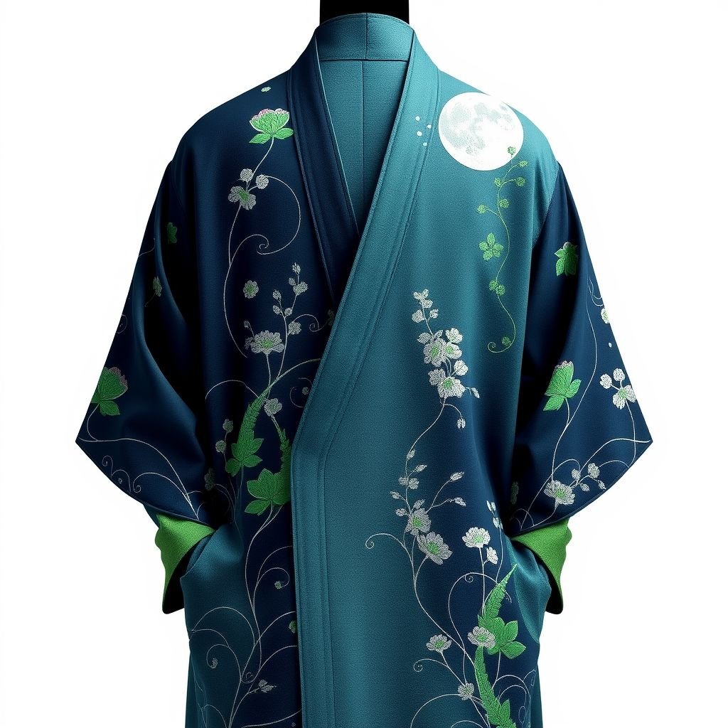 Design a men's kimono with a futuristic aesthetic, blending minimalist and nature-inspired elements. The kimono should feature intricate, flowing patterns that resemble water, with delicate embroidery reflecting plants and natural forms. Incorporate deep blues and subtle greens, along with silver accents, to represent moonlight. The silhouette should be modern yet traditional, with smooth, organic curves that evoke an ethereal, almost otherworldly quality.

Men's kimono, futuristic elegance. Minimalist design, nature-inspired motifs. Intricate, flowing patterns emulate tranquil water. Delicate embroidery showcases lush plants and organic forms. Rich deep blues, soft greens, shimmering silver accents symbolize moonlit serenity. Silhouette marries modernity with tradition, smooth curves exuding ethereal grace, an extraordinary harmony of past and future.