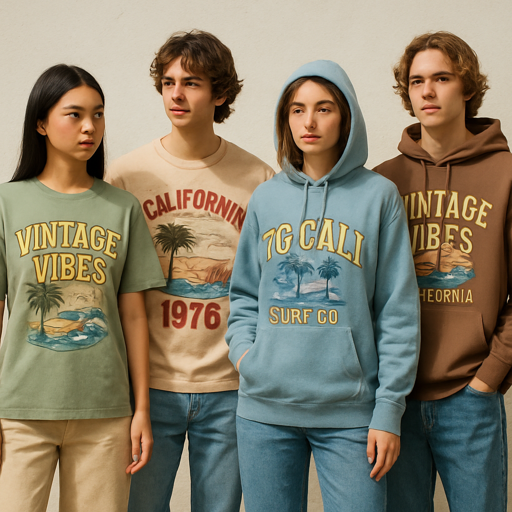 Create a collection of streetwear-inspired graphics and logos for t-shirts and hoodies, featuring oversized typography, minimalist, surf type vibes, palm trees, seagulls, waves, and abstract beach elements. Use a relaxed, youthful, urban style with muted pastels, washed denim blues, and earthy tones. Designs should look modern, trendy, and wearable, suitable for printing on apparel. High detail, vector-style clarity, bold yet casual aesthetic.

Vintage fashion design: **Vintage Vibes: 70s Cali Streetwear Collection**

Design streetwear graphics for tees and hoodies, featuring oversized typography, palm trees, seagulls, and waves. Focus on relaxed-fit silhouettes. Use cotton and denim in muted pastels, washed blues, and earthy tones. Embrace a casual, youthful, 70s Californian surf aesthetic with a modern twist.