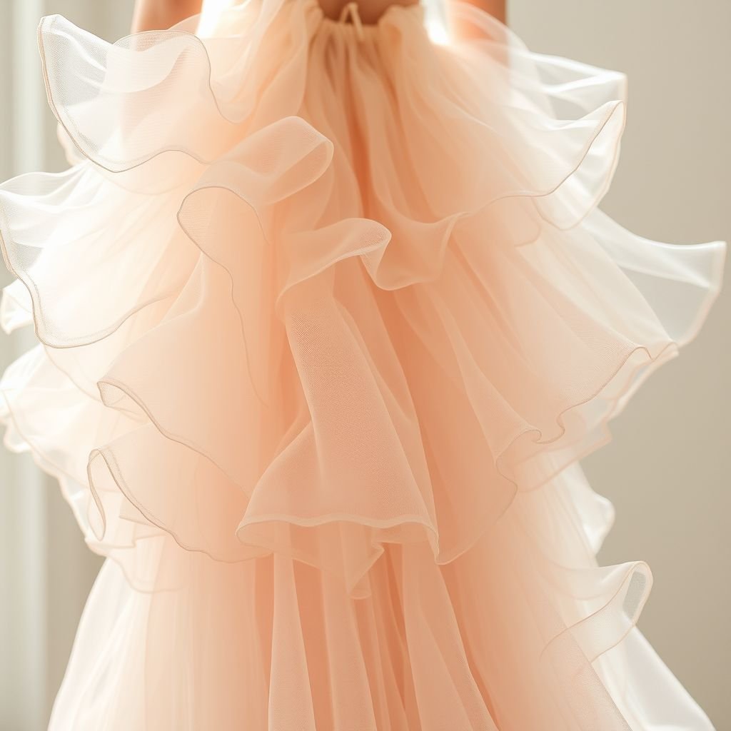 Organza & Tulle  only texture without tailored 

Ethereal layers of delicate organza and whimsical tulle, a soft palette of blush and pearl. Transparent panels dance with light, creating a dreamlike aura. Flowy silhouettes cascade, embodying romance and fluidity. Soft ruffles accentuated by sheer drapes, whimsical and airy. A floating piece that evokes fantasy and enchantment.
