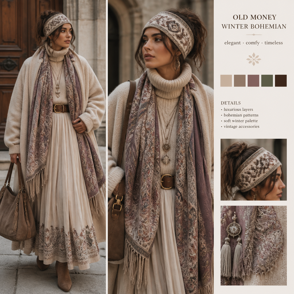 create winter unique out fit old money look and comfy with matching head band catchy elegant color outfit dress
create winter unique out fit old money look and comfy with matching head band catchy elegant color outfit dress, bohemian style