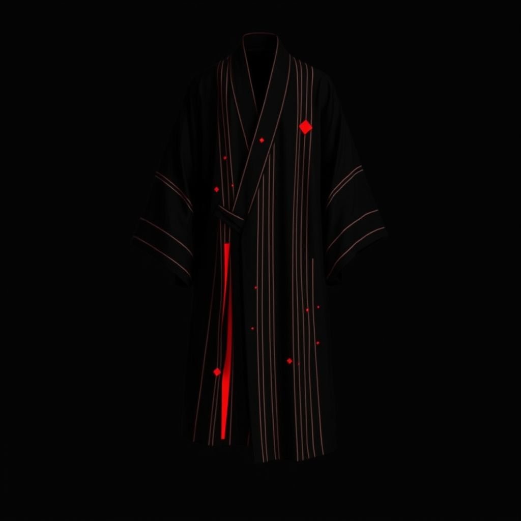 
Design a men's kimono with a futuristic, minimalist aesthetic. The kimono should feature vertical lines in varying widths and lengths, randomly placed across the fabric in red, creating a dynamic and fluid pattern. The base color should be black, with the red lines adding an energetic, yet balanced contrast. The design should evoke a modern and shamanic feel, blending tradition with innovation. The overall silhouette should be sleek, clean, and sophisticated, combining spiritual and futuristic elements."


Men's kimono, sleek black canvas, minimalist design. Vertical lines, random placement, varying widths and lengths, bright red accents, dynamic fluidity. Modern shamanic essence, harmonious balance of energy. Sophisticated silhouette, tailored edges, flowing drape. Unconventional collar, subtle geometric details, a fusion of tradition and innovation. Timeless elegance meets cutting-edge style.