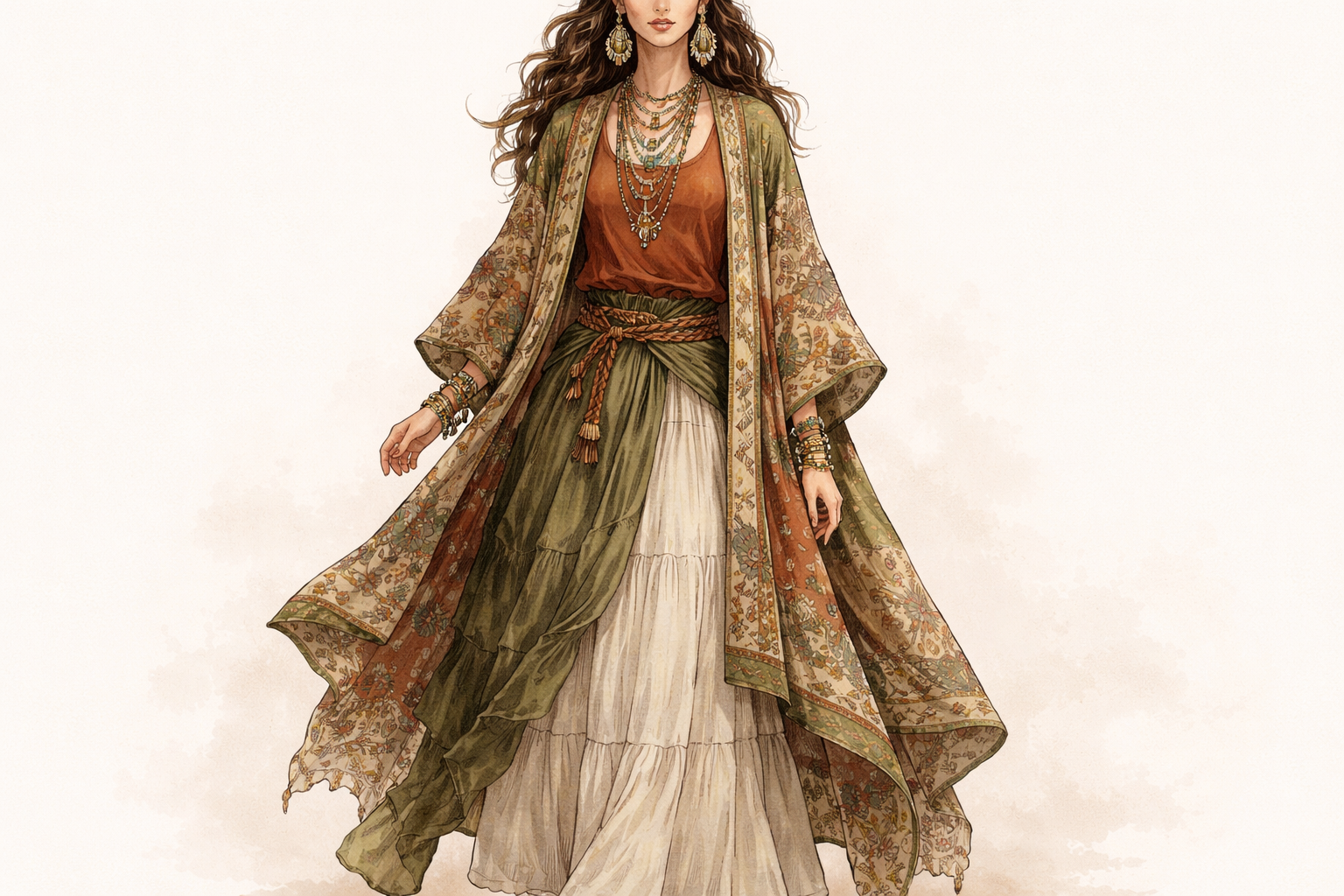 Bohemian fashion illustration, flowy layered outfit, earthy tones, kimono or shawl, artistic prints, layered jewelry, free-spirited vibe, minimal background.
Bohemian fashion design: Bohemian illustration: Flowy, layered women's outfit in cotton and silk. Earthy tones: olive, rust, cream. Kimono or shawl with artistic floral and geometric patterns. Loose fit, comfortable and relaxed. Layered metal and beaded jewelry. Simple background.