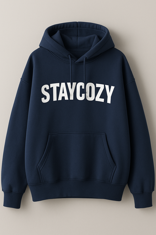 cotton comfty hoodie, navy blue with a logo that says staycozy in the middle