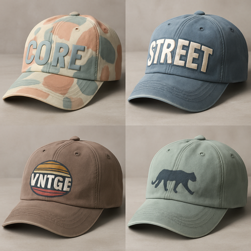 Create a variety of streetwear-style hat, featuring bold, trendy designs inspired by California surf and urban lifestyle. Include abstract patterns, oversized typography, retro logos, subtle animal motifs like seagulls, waves, sunsets, skaters, or cars. Designs should be youthful, casual, and edgy, suitable for screen printing on apparel. Use muted pastels, washed denim blues, and earth tones, with clean lines and modern style. Vector-ready, high-detail, wearable streetwear aesthetic