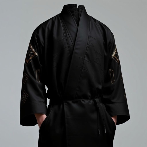 Design a men's kimono with a futuristic aesthetic, blending minimalist. Line vertical. Gessato. Shaman futuristic. Black 