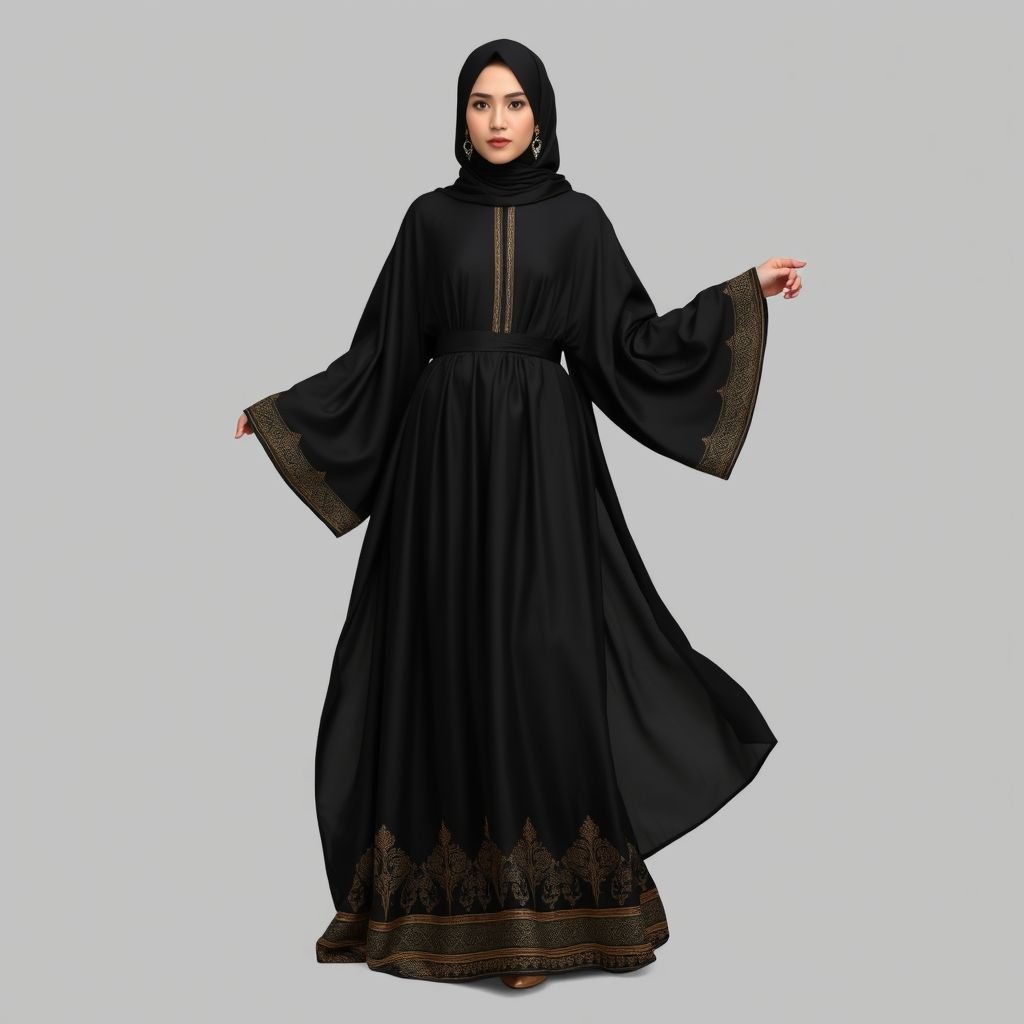 Black Arab Women's Abaya Design

Elegant black Abaya, flowing silk fabric draping effortlessly to the ankles. Intricate gold embroidery along the edges, showcasing geometric patterns reminiscent of traditional Arabic art. Loose, wide sleeves adorned with subtle beading, enhancing sophistication. A mandarin collar framing the face, complemented with a delicate satin belt, accentuating the silhouette's grace and poise.