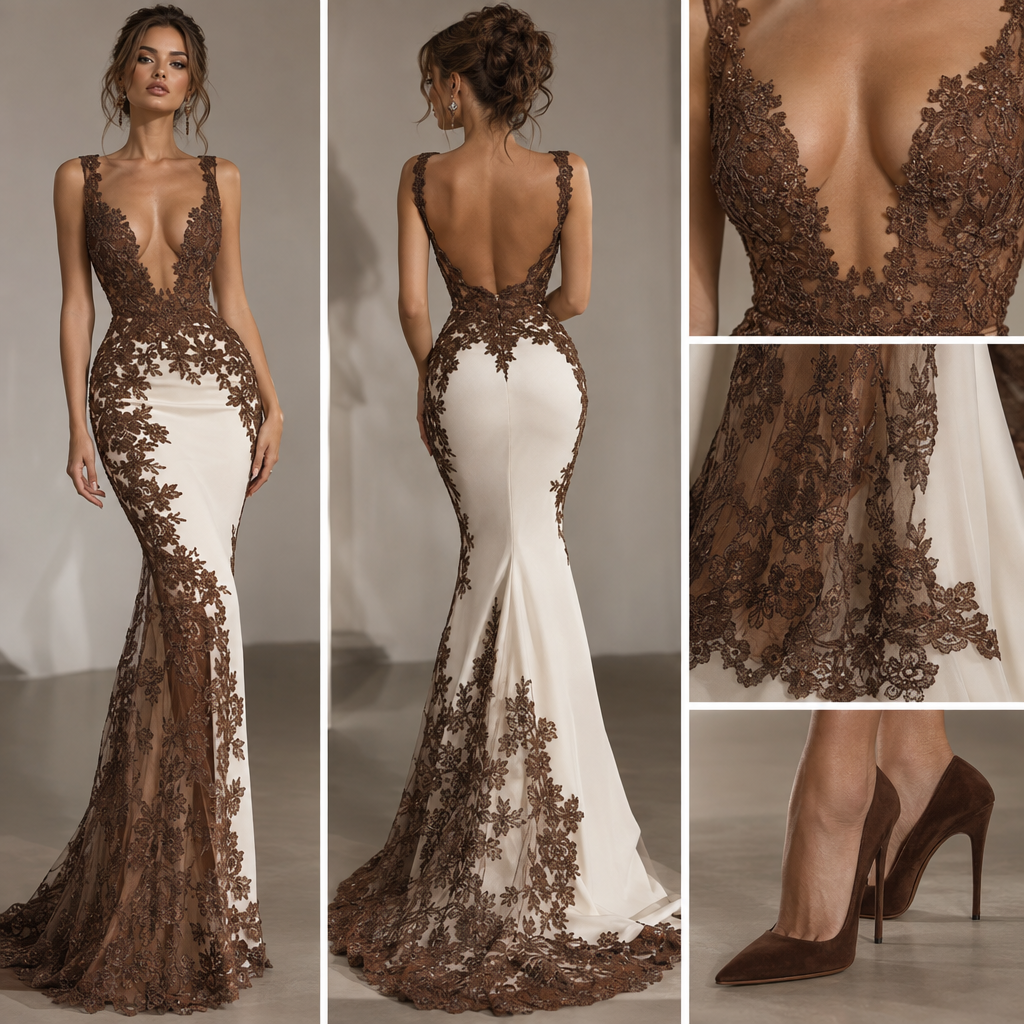 Long sleeveless tight dress low-cut front of dress with brown lace on top. Brown lace on bottom with white fabric half brown lace on bottom and half white material on bottom. Brown high heel.
Long sleeveless tight dress low-cut front of dress with brown lace on top. Brown lace on bottom with white fabric half brown lace on bottom and half white material on bottom. Brown high heel., haute couture style
