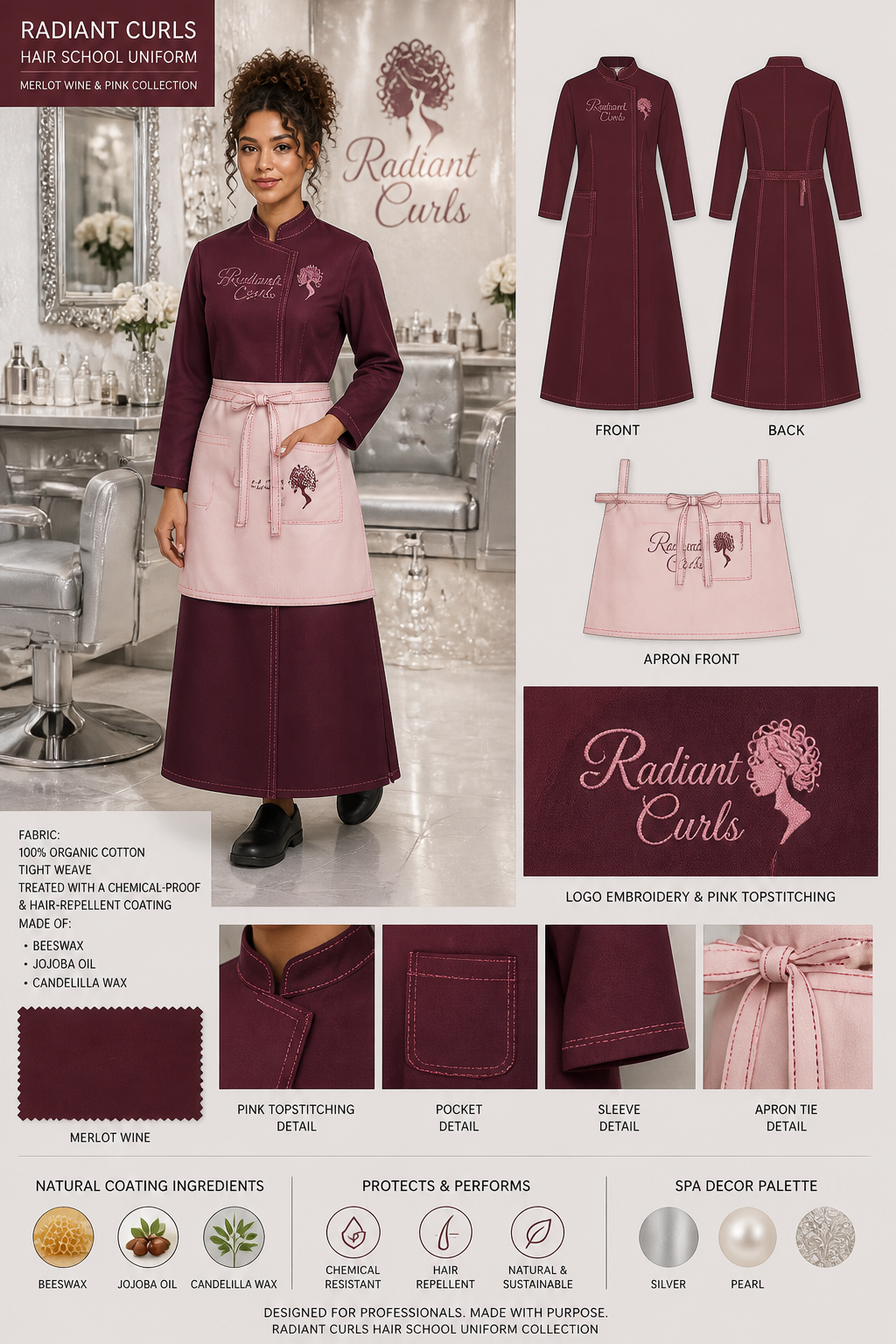 Women's Merlot wine ankle-length A-line hair school uniform smock with extra pink stitching. Include logo: Radiant Curls. Include a pink-colored apron with Merlot wine stitching. Spa decor should be silver and pearl. Uniform fabric should be 100% organic cotton tight weave treated with a chemical-proof and hair-repellent coating made of beeswax, jojoba oil, and candelilla wax.
Women's Merlot wine ankle-length A-line hair school uniform smock with extra pink stitching. Include logo: Radiant Curls. Include a pink-colored apron with Merlot wine stitching. Spa decor should be silver and pearl. Uniform fabric should be 100% organic cotton tight weave treated with a chemical-proof and hair-repellent coating made of beeswax, jojoba oil, and candelilla wax.