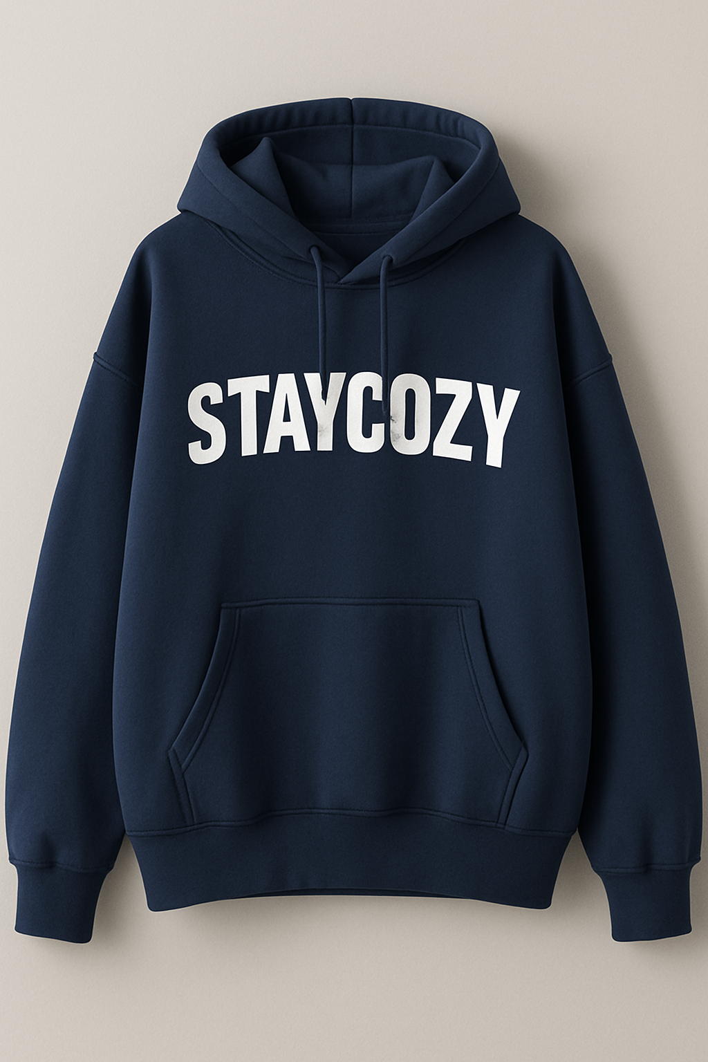 cotton comfty hoodie, navy blue with a logo that says staycozy in the middle

Streetwear fashion design: Navy blue cotton hoodie, oversized fit, large "STAYCOZY" logo printed on chest, dropped shoulders.